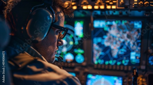 A pilot sits in the cockpit of an aircraft, focused on a monitor displaying crucial flight information. photo