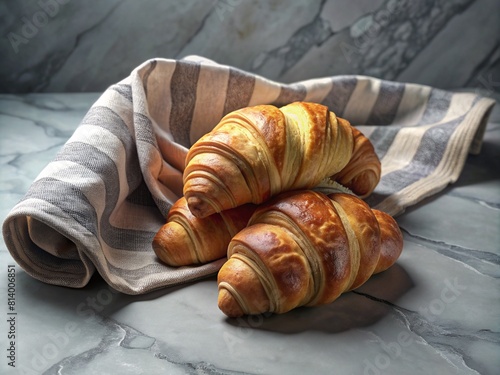 Fresh croissants on a cloth atop a trendy marble table.