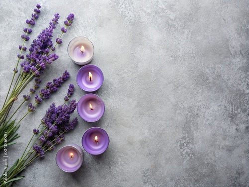 lavender soap with lavender, Flat lay of lavender candles on a grey and white background. Natural style. Space for text.