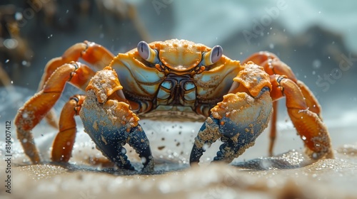 Colorful crab on the beach with sand particles around