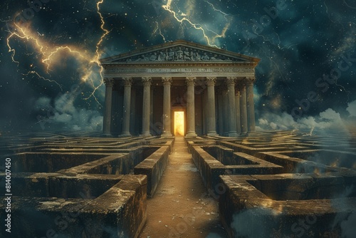 A conceptual illustration featuring a maze leading to a courthouse, Ancient temple under starry sky, lightning striking, golden light shining from doorway amidst labyrinthine steps.