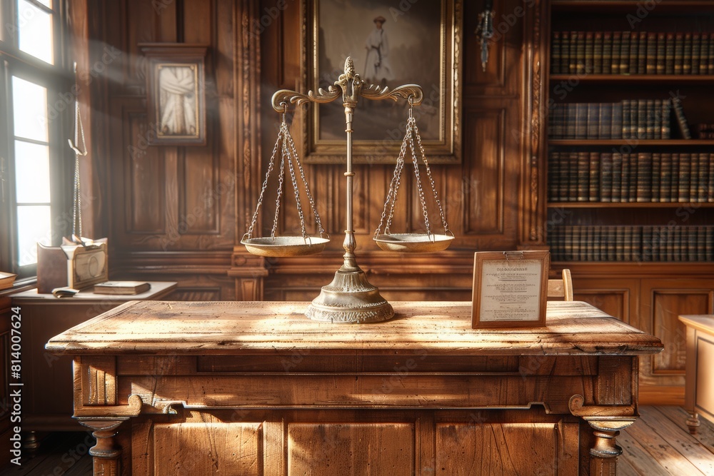 A detailed illustration of a courtroom, with each object Classical wood-paneled library, golden scales justice highlighted by sunlight, time-honored ambiance law order. A detailed illustration of a courtroom, with each object Classical wood-paneled library, golden scales justice highlighted by sunlight, time-honored ambiance law order.