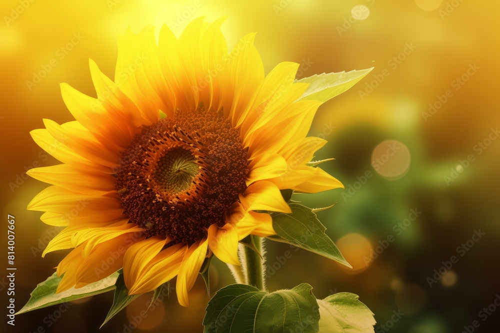 Fototapeta premium Vibrant sunflower against a golden bokeh background, symbolizing summer and growth