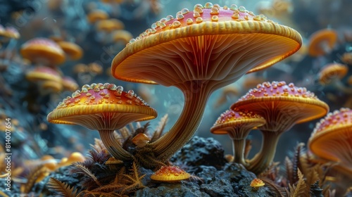 Surreal mushroom landscapes, fantasy wonderland landscape with moon mushrooms. Dreamy fantasy mushrooms in a magical forest. Banner illustration. High quality illustration