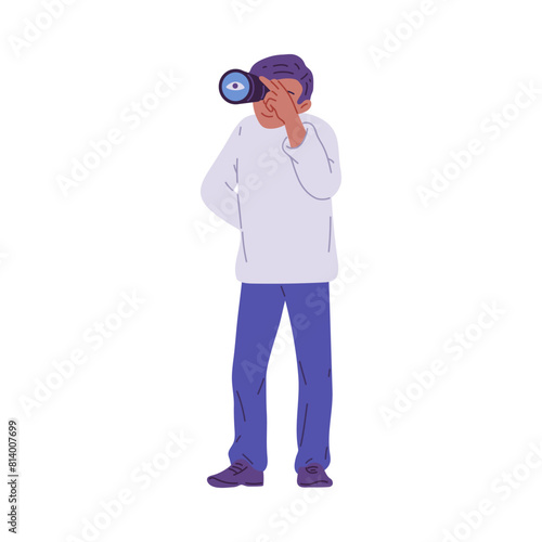 Young man looking on to something through telescope and laughing vector flat illustration, searching or observation