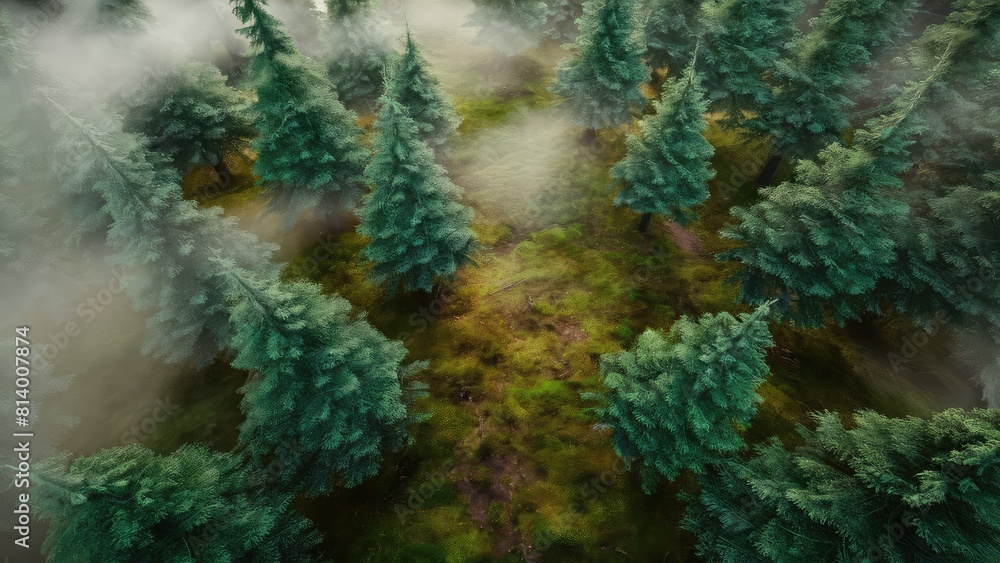 evergreen forest view from overhead, fog rolling in, looks like the pacific northwest evergreen forest view from overhead, fog rolling in, looks like the pacific northwest