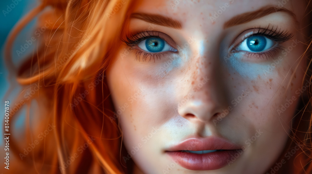 A close up of a woman with red hair and blue eyes. A close up of a woman with red hair and blue eyes.