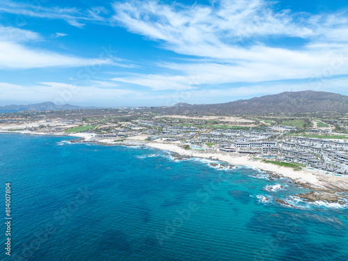 Aerial view of tropical beach with resorts in Cabo San Jose  Baja California Sur  Mexico