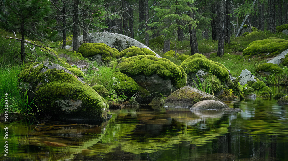 Moss-covered rocks lining the edge of a secluded forest pond, their surfaces adorned with delicate patterns and textures. Moss-covered rocks lining the edge of a secluded forest pond, their surfaces adorned with delicate patterns and textures.