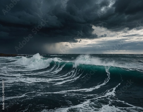 Marvel at the power of nature with our image of a stormy sea, where dark clouds gather on the horizon and waves crash against the shore