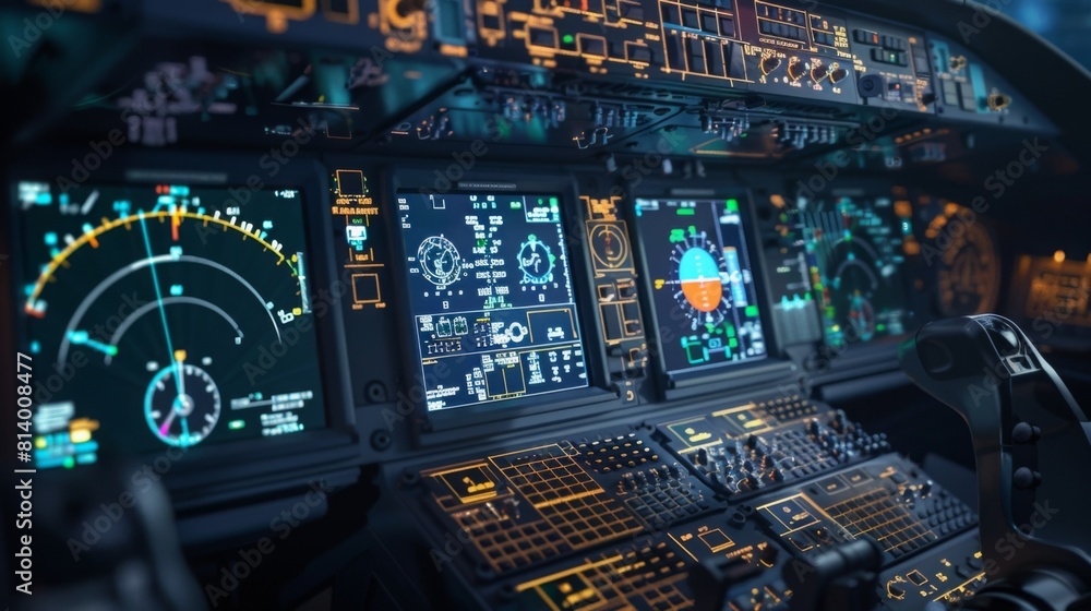 Fototapeta premium A close-up view of an airplanes cockpit dashboard, its screens and controls glowing in the dim evening light.