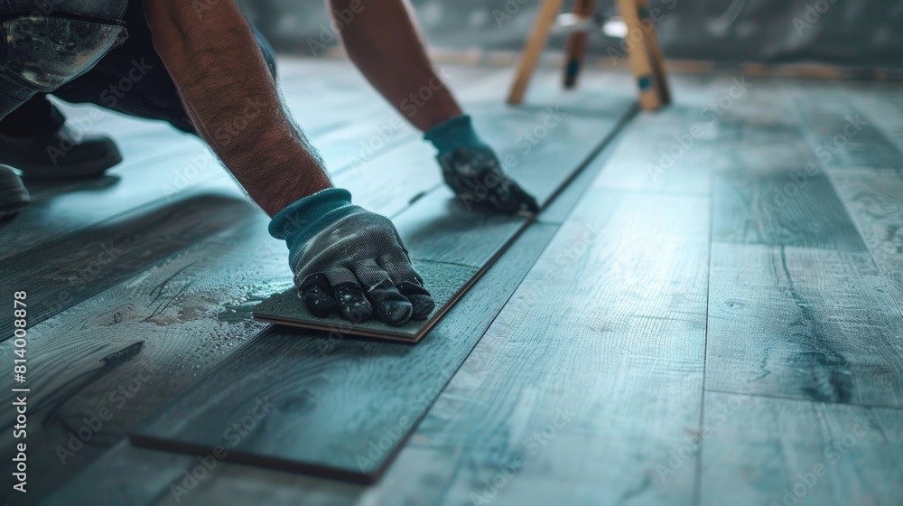 A man working on a wooden floor, suitable for construction industry A man working on a wooden floor, suitable for construction industry