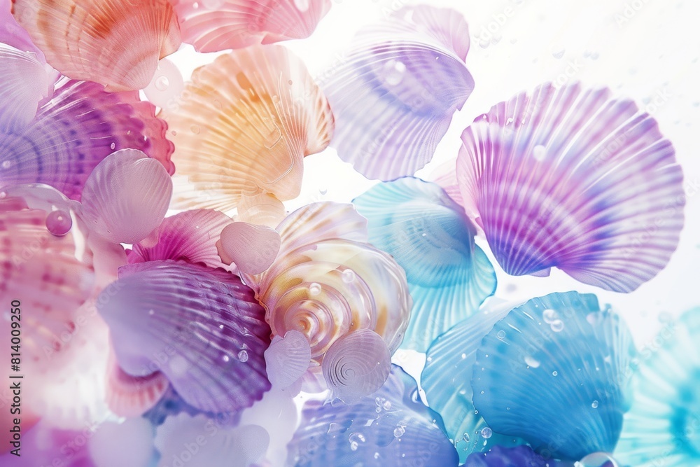A collection of vibrant sea shells arranged symmetrically on a white surface, showcasing natural beauty and intricate patterns in electric blue, magenta, and other hues. High quality photo A collection of vibrant sea shells arranged symmetrically on a white surface, showcasing natural beauty and intricate patterns in electric blue, magenta, and other hues. High quality photo