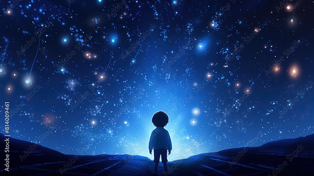 Fototapeta premium Kid dreaming of spaceflight on sky background