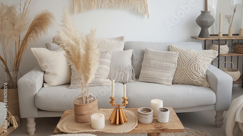 Interior boho moderno da sala de estar em apartamento aconchegante. Interior simples e aconchegante da sala de estar com sofá cinza claro, almofadas decorativas, mesa de madeira com velas e decorações photo