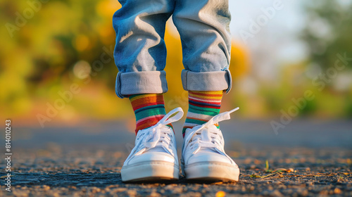 Garotinho vestindo diferentes pares de meias e tênis branco ao ar livre. Pés de criança com meias que não combinam. Dia Odd Socks, Semana Anti-Bullying. photo