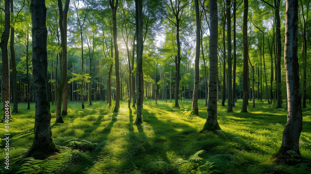 Fototapeta premium Soft morning sunlight filters through the trees in a beautiful green forest landscape