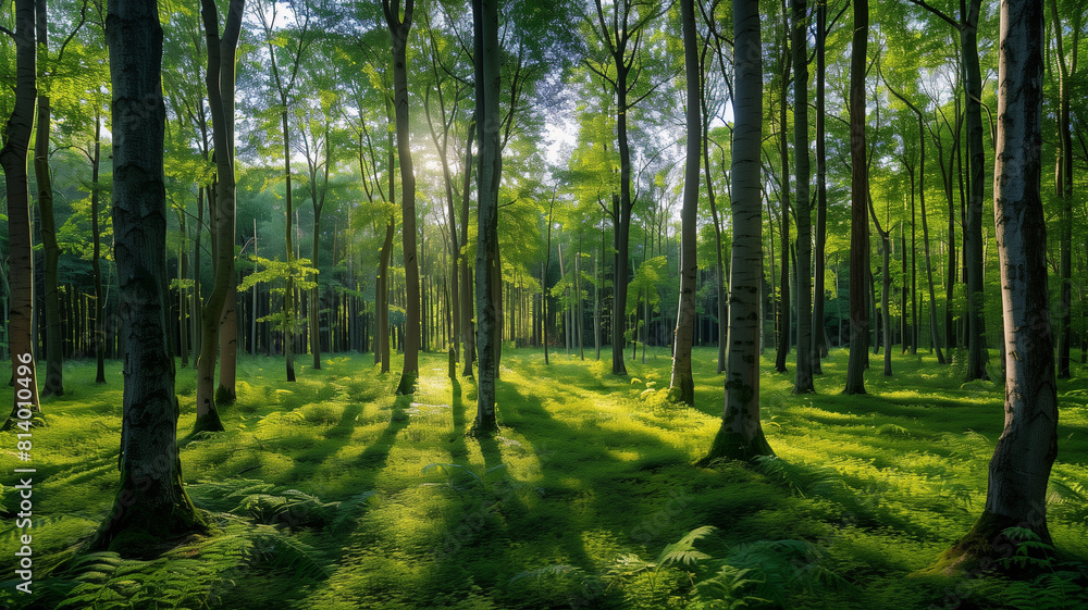 Soft morning sunlight filters through the trees in a beautiful green forest landscape