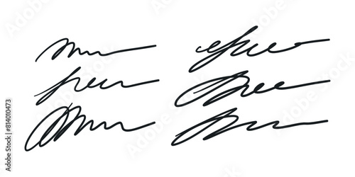 Fake set of autograph samples. Handwritten signatures, certificates and contracts in ink samples of documents and handwritten letters. Vector graphics of business