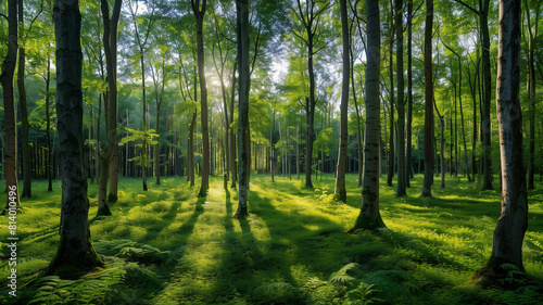 Soft morning sunlight filters through the trees in a beautiful green forest landscape