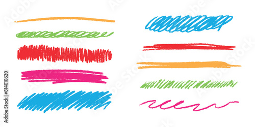 Hand drawn colored pencil lines and scribbles set on a white background. Horizontal straight strokes and strokes collection. Elements of underlining and highlighting