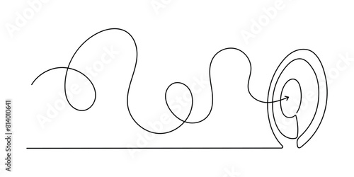 A target with an arrow is a solid line drawing with one line. Side drawn linear meta circle. Vector illustration isolated on white.