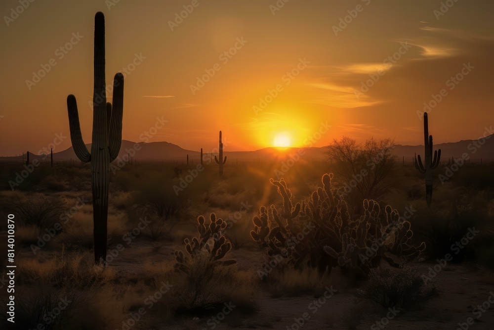 Peaceful sunset view over a desert landscape, featuring the silhouette of saguaro cacti against a vibrant sky