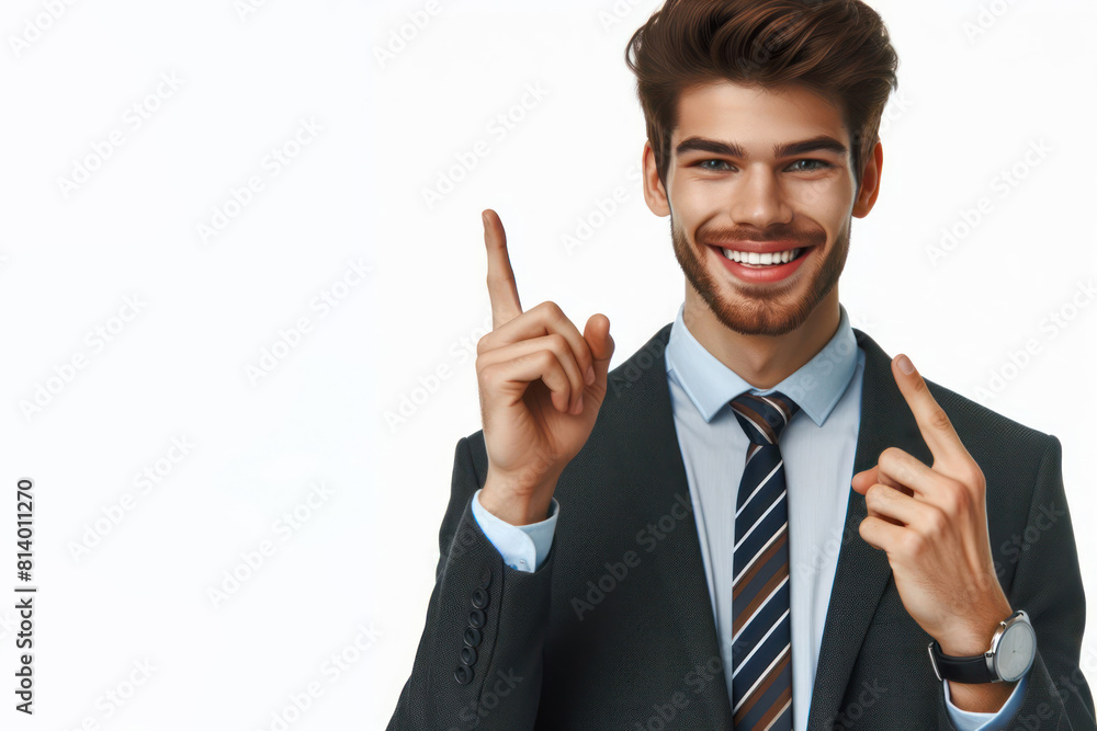 Happy young businnesman smiling pointing to head with one finger Isolated on white background Happy young businnesman smiling pointing to head with one finger Isolated on white background