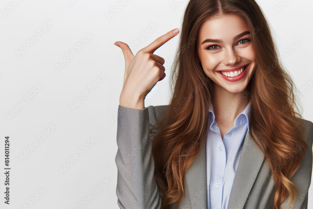Happy young businneswoman smiling pointing to head with one finger Isolated on white background Happy young businneswoman smiling pointing to head with one finger Isolated on white background