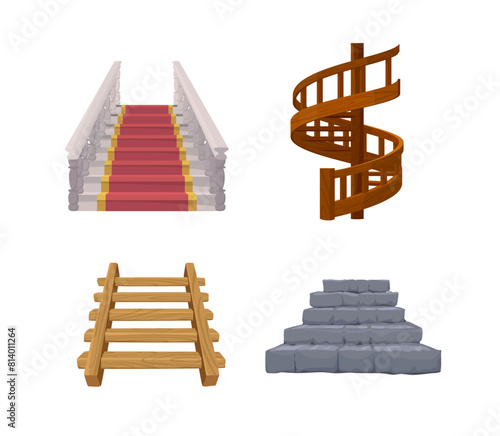 Wooden, marble and stone stairs on an isolated background.