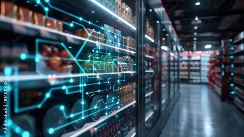 A modern grocery store aisle is overlaid with glowing digital graphs and analytics, symbolizing data-driven retail strategies. A modern grocery store aisle is overlaid with glowing digital graphs and analytics, symbolizing data-driven retail strategies.