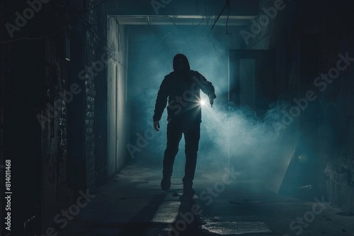 A person standing in a dark room with a flashlight. Suitable for mystery or horror themes