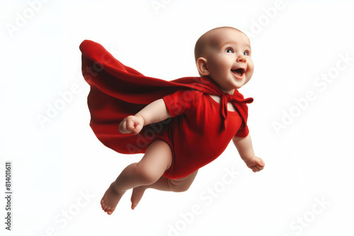 A baby in a red cloak flies like a hero isolated on a white background