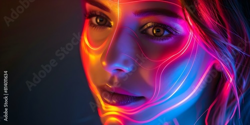 Digital Female Face with Biometric Lines  A Glimpse of Advanced Face Recognition Technology. Concept Facial Recognition  Cybersecurity Innovation  Biometric Technology  Artificial Intelligence