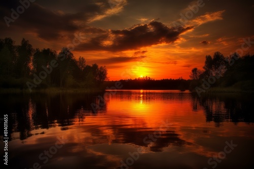 Breathtaking sunset with vibrant colors reflecting on a tranquil lake surrounded by trees © juliars