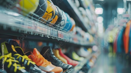 Multiple soccer shoes lined up neatly on a store shelf, ready for purchase by customers looking for sports footwear. photo