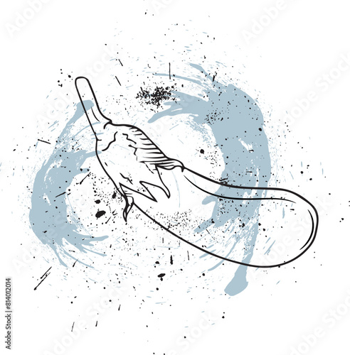 Hand-drawn eggplant illustration with ink splatters, fresh vegetable vector
