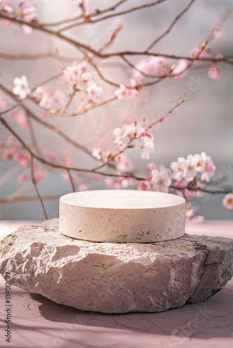 beautiful natural circle podium of stone for products, outdoor, beautiful cherry blossom garden, professional studio photography, macro, negative space, fujifilm velvia, generative ai 