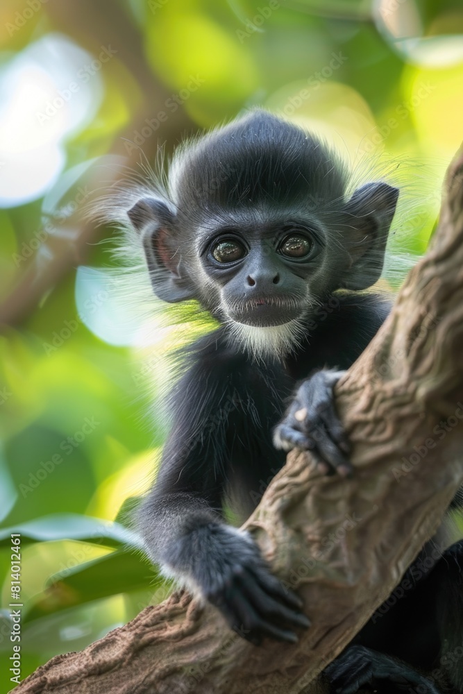 A black monkey perched on a tree branch, suitable for nature and wildlife concepts A black monkey perched on a tree branch, suitable for nature and wildlife concepts