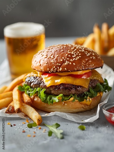 Classic Burger Meal  Close-Up of a Cheeseburger with Fries and Beer  Perfect for Delicious Food Photography