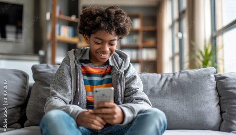 Smiling boy using smartphone on couch Smiling boy using smartphone on couch