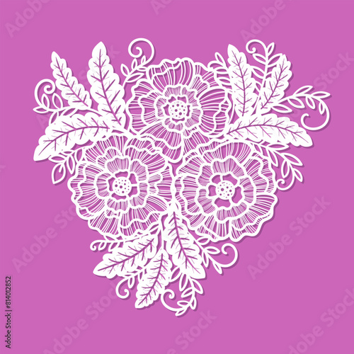 Bouquet of flowers with leaves. Template for laser cutting from paper, cardboard, wood, metal. Floral and nature theme, floral elements. For the design of cards, wedding greetings, stickers, stencils,