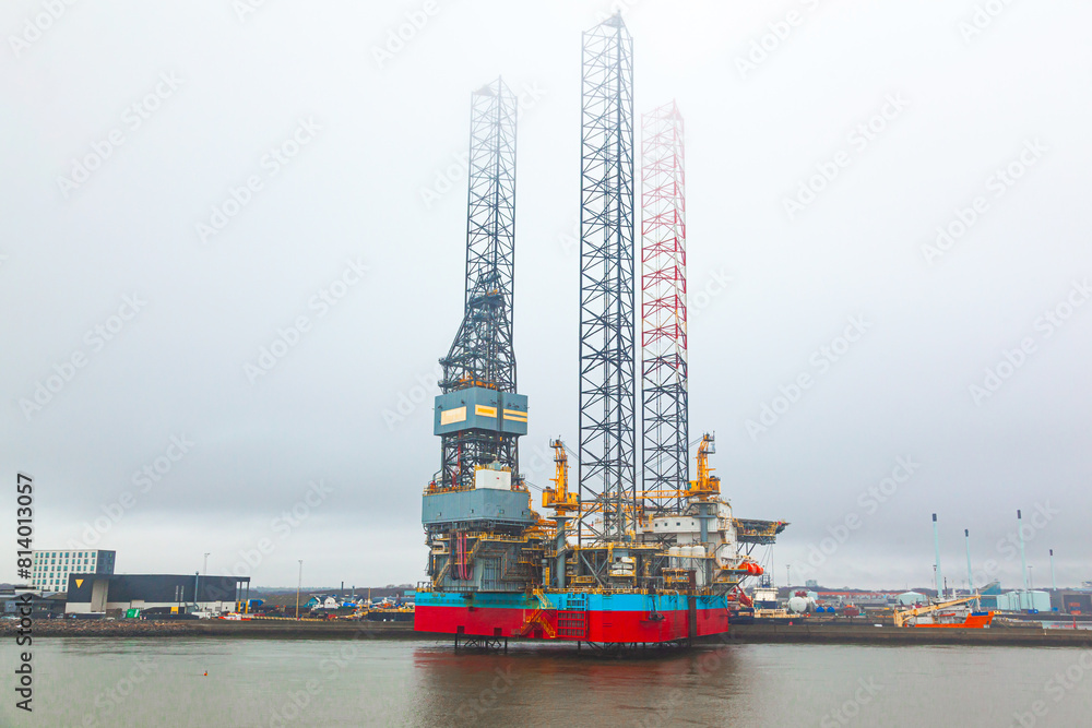 An offshore oil drilling platform stands near the seaport of Gdynia in Poland.