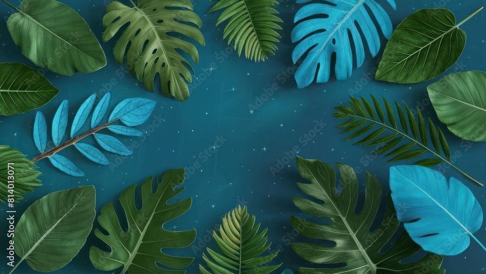 Collection of tropical leaves,foliage plant in blue color with space background Collection of tropical leaves,foliage plant in blue color with space background