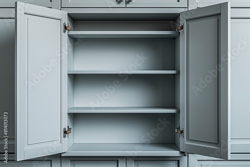 A blue cabinet with two open doors and a shelf inside