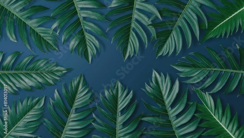 Collection of tropical leaves foliage plant in blue color with space background