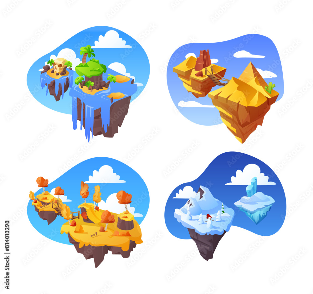 Fantasy islands floating in the sky vector set, tropical, ice and desert land, winter and autumn islands, game platforms Fantasy islands floating in the sky vector set, tropical, ice and desert land, winter and autumn islands, game platforms