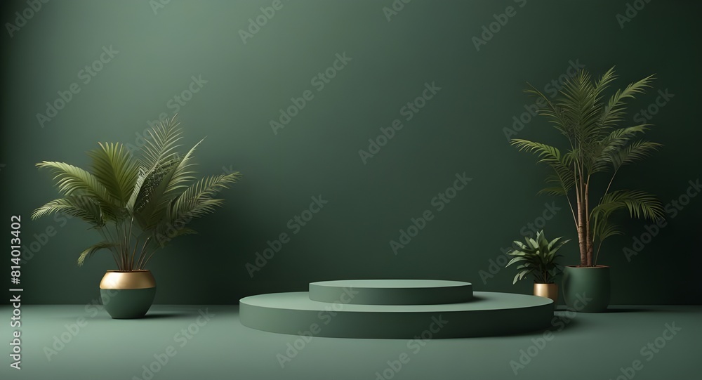 Background green podium product platform 3D display stage stand luxury. Green background podium abstract studio leaf pedestal scene minimal plant design cosmetic light presentation wall modern tree.