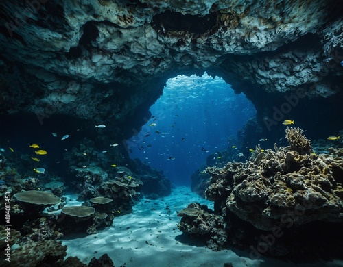 Explore the mysteries of the ocean depths with our image of underwater caves and rock formations teeming with life