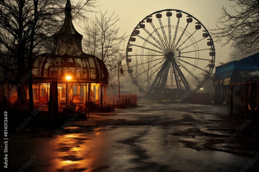 Twilight's Embrace on a Once-Lively Carnival Now Lost to Time and Overgrown with Greenery Twilight's Embrace on a Once-Lively Carnival Now Lost to Time and Overgrown with Greenery